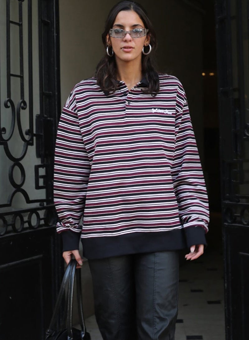 In Your Shoe Retro Berry Striped Boxy Rugby Polo - Image 2